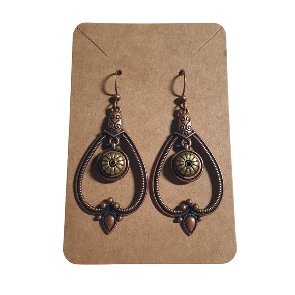 Copper Tone Teardrop Earrings Bohemian Style Brass Ornament Hooks Beach Core - Picture 1 of 4